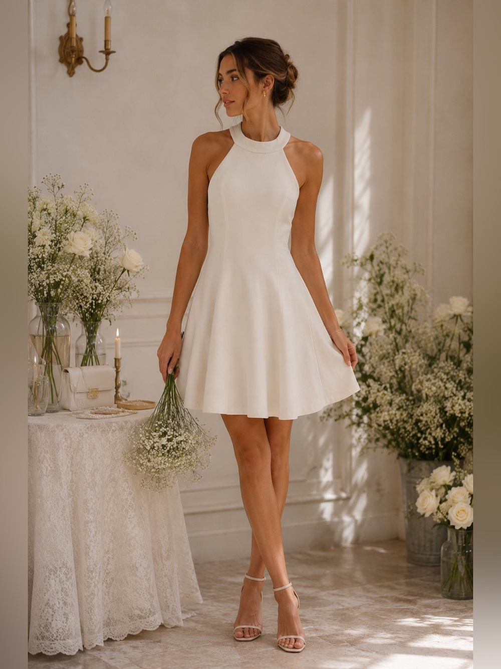 Lulus White Lace Back Halter Fit Flare Mini Dress XS Bridal